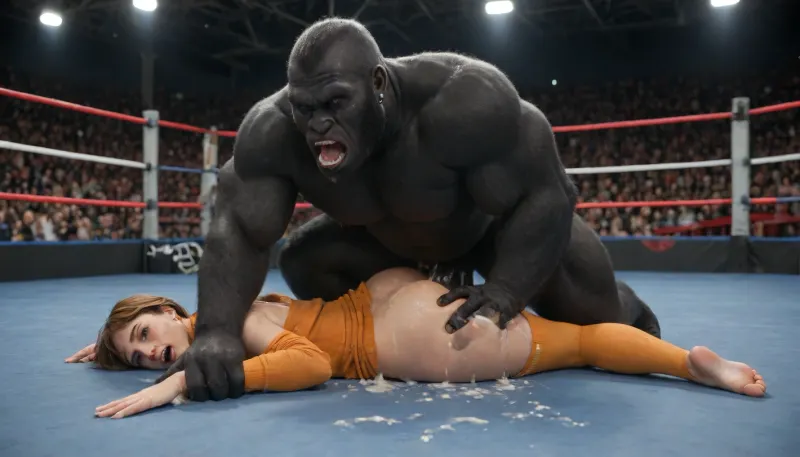 velma dinkley from scooby doo, ripped clothes, fighting in a wrestling ring giant gorilla, yelling, fucked in doggy style by giant gorilla, dick in the ass, cum everywhere, full body view