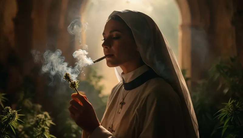 (warm ambient light:1.5), A slim, flat-chested, sexy nun sits in the monastery, holding cannabis in a rolled, conical hash cigarette. In the garden, there are numerous cannabis plants in full bloom, (perfect cannabis buds:1.5), perfect face, looking at the smoke, perfect hands, perfect joint. It's a late summer afternoon, the sun is low and backlights the scene, rays of sunlight beautifully break through the smoke. Happy, content, satisfied, smiling, the focus is on the nun, the background is blurred., the entire image is designed using technical parameters to create a warm, romantic atmosphere. Ganja, flowers, cannabis, marijuana, leaves, plants, resin, glands, nugs, edgFae, flower, fairy, style, wearing, sunlight_str1, vibrant, dream, pale, reality, elven, architecture, cloudy, smoke, atmospheric, clouds, fog, <lora:sunlight_str1-SDXL_v1-dim64-steps1691:1.3>, <lora:vibrant_dream:.6>, <lora:MJ52:.4>, <lora:EnvyElvishArchitectureXL01:.8>, <lora:Cloudy_Style:1>