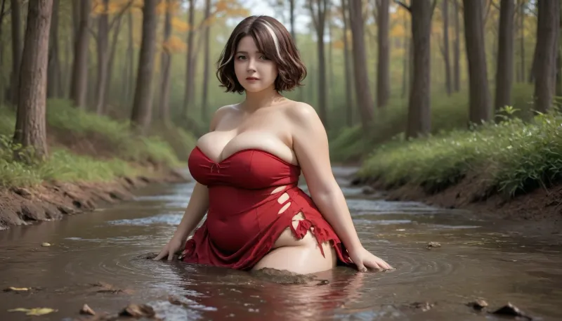 A 25-year-old plus-size woman with a full figure, long, mud-streaked hair and a rounded face lies half-submerged in a deep mud pit in a sunlit deciduous forest. Her torn crimson dress clings to her body, large cleavage, while frayed fabric exposes dirt-covered skin. Golden sunlight filters through the autumn leaves, casting dappled shadows on the muddy terrain where scattered holes cover the damp earth, mixing vulnerability with raw natural beauty., plump, skindentation, chubby, bbw, venus, body, big, breasts, ass, <lora:Chubby BBW - XL:.8>, mud, looks, like, 【your, description】, <lora:MudLooksLike-SDXL-PAseer:.8>