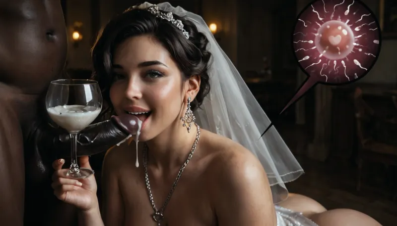 interracial, very large black penis, The happy chubby Persian bride in sexy wedding dress, cum driping bride's chain' cum driping from black penis, drinking sperm from transparent cup, there is glossy and sticky sperm in cup, cup full of sperm, cum swallowing, ((gokkun)), cum dripping from the corners of her lips, ((text on The cup, "BBC Cum")), logo, text, sign, that, says, the, word, <lora:671410_training_data:.8>, <lora:dark:.5>, <lora:texta:1>, <lora:677862_training_data:.8>