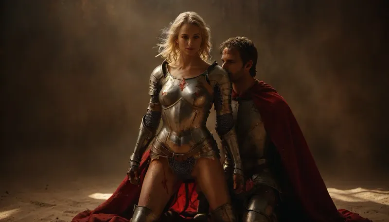 Full-body view of a slender, flat-chested, sexy blonde knight after a bloody battle. Her clothes are torn from battle, her armor broken. Covered in blood and sweat, she has passionately vaginally casual sex with a proud knight in armor but without a helmet. They celebrate their victory with sex, Various sexual positions with an attractive knight against the backdrop of a detailed battlefield that disappears into blur. Perfect face, perfect hands, It is a late summer afternoon. The sun is low and illuminates the scene from behind. Sunbeams break beautifully over the battlefield. Orgasm, satisfied, gratified, smiling. The focus is on the couple, The entire image is technically designed to create dramatic atmosphere contrasted to the battle. DonM1uth3rXL, sunlight_str1, <lora:tbh71-sdxl:.2>, <lora:sunlight_str1-SDXL_v1-dim64-steps1691:2>, underwater, grotto, cave, sandy, sea, floor, reef, <lora:Underwater_Environment_v01-000002:.8>