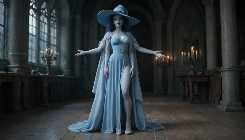 background is an witch room, (use light-blue palette on background), woman, with, blue, skin, (blue skin), wears, a, witch hat, (white witch hat), and, dress, (light-blue dress), light-gray cloak, extra, arms, (just four arms), face, cracked, standing on high heels, full boddy view, front view, perfect hand, perfect finger, <lora:Ranni1024:2>