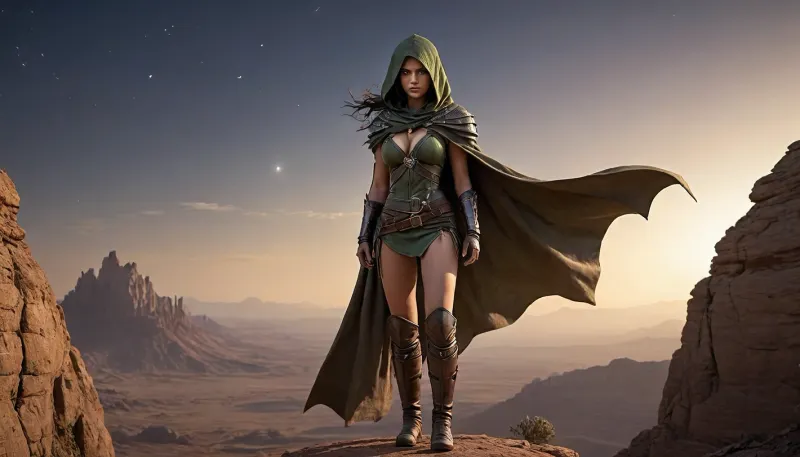 On top of a high cliff, silhouetted against the dark night sky, stands a female assassin dressed as a Desert Ranger. Her chiseled, textured figure, shrouded in shadows and flickering starlight, becomes the centerpiece of this mysterious scene. Her proportions are narrow shoulders, a thin waist, full breasts, wide hips, she has long hair, a complicated hairstyle.

Her costume is made of soft, worn sand-colored leather that blends perfectly with the surrounding landscape. On her wrists are protective bracers made of the same leather that are engraved with the ancient symbols of .
Her hair is the color of a rainbow, she is wearing a cape with a hood that flutters in the wind, strict facial features, very expressive eyes, sensual lips, unusual appearance. The eyes burn with an intense green-yellow light, like a predator ready to attack. Fairytale-colored skin with dragon scales in some places, it belongs to a race of demonic creatures or has a magical origin. Around her, against the starry sky, dragons of various sizes fly — some small, like birds, others huge, with wings that outshine the stars. Their scaly bodies reflect the moonlight, creating an effect of iridescent colors, bronze, gold, copper tones interspersed with dark gray areas. Small dragons flutter faster like insects, while large ones move majestically, cutting through the air with their powerful wings.

The rocks around them have bizarre shapes created by time and wind. Their surface consists of layers of sandstone, painted in warm tones, from light beige to dark brown. Here and there you can see patches of minerals that look like tiny diamonds in the moonlight. Between the rocks there is a rare vegetation — prickly cacti and creeping grasses adapted to the harsh conditions of the desert.

The night sky above all this splendor is strewn with millions of stars, and in the distance you can see a nebula that gives what is happening a cosmic scale. The moon, full and bright, illuminates this world with a soft silvery light, but its rays do not reach the girl herself — she remains in the shadows, as if deliberately hiding from prying eyes.

The atmosphere of the picture is imbued with a sense of intense expectation. The woman is a killer, He is in harmony with the world around him, but at the same time remains a part of it, ready to collide. 

Every detail, from the features of her skin to the flying dragons-creates the atmosphere of a mysterious and dangerous world, where every move can be decisive. It is a place where the desert meets the sky, and man meets legendary creatures.
