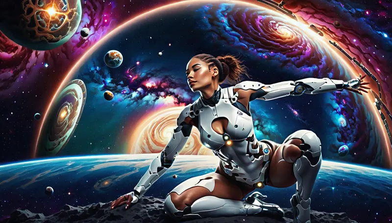 (Android girl:1.5), (cyborg:1.6), Does the splits in the outer space, against the backdrop of a spiral galaxy