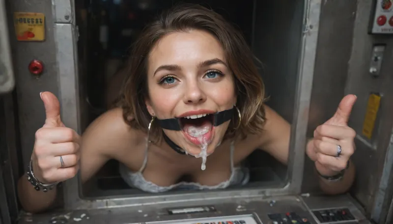 (woman is stuck with her hips in a round hole with metal rim in an arcade machine on a busy street, wearing a mouth spreader), (stuck in round hole with metal rim:1.1), (wide metal box), (her arms are fully stretched out to the sides), (arms restrained in contraption:1.2), (wide angle, full machine in picture:1.1), (bustling street, passersby:1.3), (wide smile, obsessive:1.3), (her arms are fixated in machine, she shows thumbs up:1.5), (score_9, score_8_up, score_7_up, UHD 8K, masterpiece, best quality, maximum details, natural light, extreme realism, cinematic still), (very happy), (her hands are protruding from holes:1.3), (stuck in hole with metal rim), (wide mouth spreader ring gag, gaping mouth:1.6), (leaning forward), (huge penis), (she stares at erect penis in front of her face:1.3), (cum on her face, bukkake:1.3)