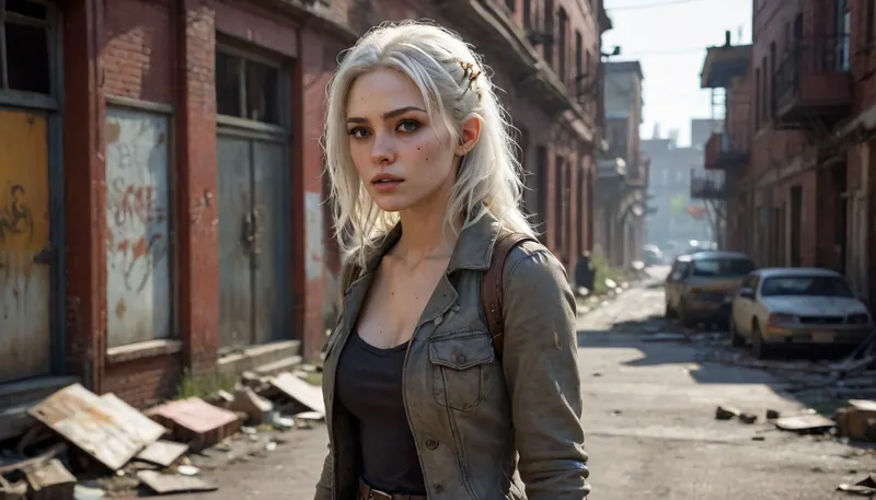 A post-apocalyptic city street, (ruined urban setting 1.3), littered with rubble, broken glass, and remnants of collapsed buildings, (abandoned cityscape 1.4), . A slender albino woman, (main character 1.7), with long white hair, (white hair 1.6), stands quietly behind a crumbling corner wall, her back to the scene, (spying pose 1.6), wearing a torn and weathered knit tunic, (damaged clothing 1.5), — frayed and stained with dirt and ash, accented by worn leather straps and a belt, (leather accessories 1.4), . Rugged lace-up boots, (boots with laces 1.4), keep her grounded as she leans slightly forward, peeking around the edge. She watches the chaos unfold with a calm, almost amused expression, (confident smirk 1.6), eyes sharp and calculating, showing no fear as a massive swarm of decaying zombie-like figures, (zombie horde 1.2), stumbles through the ruins ahead — arms flailing, mouths open, lifeless gazes fixed forward, some limping, others crawling over debris, (zombie crowd 1.1), . More emerge from alleyways and shattered windows, (distant zombies 1.3), unaware of her silent presence. The remains of a once-bustling city surround her — collapsed billboards, burned-out cars, broken street signs, (urban decay 1.4), all bathed in the dim glow of a red-orange sky, (sunset lighting 1.5), . Gritty atmosphere filled with tension, silence, and lurking danger, (stealth mood 1.6), . Hyper-detailed textures, (textures 1.4), on fabric, leather, concrete, and zombie flesh enhance realism. Cinematic stealth style, high detail, photorealistic rendering, 8K quality, trending on ArtStation, dark survival mood, wasteland observer vibe., <lora:SDXL_BetterFaces-LoRA_v1:1.5>, <lora:288407_training_data:2>