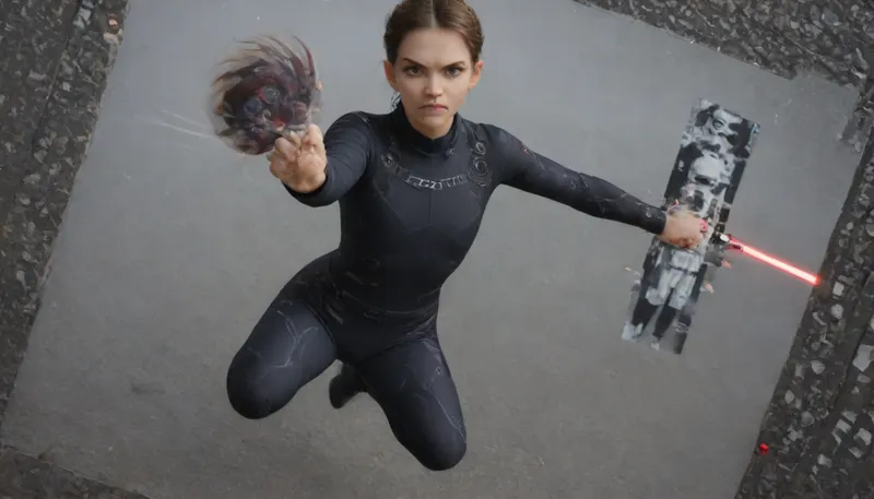 Best Award winning photo, 1girl is visible, 4_Stormtroopers from Star Wars is visible, Stunning_Beauty, Caucasian, 18yo, 1girl, full body, (curvy, petite, gymnastic body:1.3), shaped slim legs, thin waist, perfect onion booty ass, (small plump, flat-chest, muscular abs), (highly detailed bright, blue, glossy eyes, matte skin, pores, wrinkles, sharpness, crystal clear, cute, narrow realistic, young face), (detailed hands), (detailed fingers), (brown hair two big cinnamon buns), (girl dressed in long black leather coat, long sleeve, black thigh-high boots, Daring, metal black armor panties), (1girl holds only one red lightsaber in both hands), (Rim Light, lightsaber pointed at viewer), ((Soft Glow, only one lightsaber is visible in the frame)), wide spread legs, knees bent, ((dynamic pose:1.8), jumping:1.8), ((Stormtroopers full dressed on Stormtrooper_white_armor_from_Star_Wars)), .

On Dystopian black Background, heavy mist, dark gritty aesthetics, futuristic elements, sense of oppressive atmosphere, dark, rich, Deep shadows, somber, muted, obscure, Wide angle, chaotic cabin in background, enhanced details, dynamic beauty of the scene.

Neon, bright, luminous, wide range of tones, Neon glow, vibrant colored lights reflecting on the character's face, faint accent lights, best shadows, Dramatic light, cold and mystical atmosphere, eye catching composition, very aesthetic, intricate, elegant, newest, emptiness, spaciousness.

Photo of the most beautiful artwork in the world, professional majestic photography, masterpiece, artstation, concept art, best quality, amazing quality, highly detailed, ultra detailed, Super realism, cinematic, clear image.

64K, HDR, UHD, film_grain, score_9, score_8_up, score_7_up, score_6_up, score_5_up, score_4_up, Ultra-high resolution, Super high resolution, Professional quality, Hyper-detailed, Meticulous, Photorealistic, Photography realistic, Hyperrealistic, Golden ratio, Bright, ethereal, Gold, silver, black, purple.

Leica M10, dslr, Wide-Angle Lens 35mm, wide angle action scene, foreshortening, (Dutch angle:1.2), interesting angle, (Zoom out:2), ((full length photo:2)), (sharp focus), (forced zoom out:1.8), (depth of field:1.2), (not close up), vast scenery, small aperture, maximum sharpness, (High-angle perspective), (extreme forced dramatic perspective:.25), Knee Level Shot.

Stunning_Beauty, mad-cttrs, detailxl, <lora:add-detail-xl:2>, <lora:Stunning_Beauty_XL-000009:2>, <lora:xl_more_art-full_v1:2>, <lora:Neon_Cyberpunk_SDXL_Cutters:2>, <lora:Adjust_SDXL_v3.0:2>