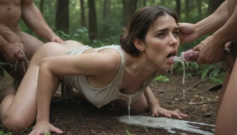 Short 60yo brunette woman, granny, saggy 32D tits, gang rape, forced penetration, excessive cum, exhausted, ripped clothes, dirty forest