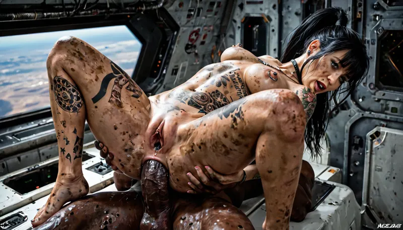 cosmonaut girl, naked, naked astronaut, spaceship, iss, zero gravity, flying forward in zero gravity inside the ISS, the earth is visible from space from the porthole, long black hair with bangs, astronaut fucking in zero gravity, ((((anal_penetration)))), pierced nipples, covered in tattoos, (((black hair))), barefoot, (((mature 47 year old woman))), ((skinny)), ((gaping vagina)), big_cock, (big_breasts), (small_ass), ((((pussy juice:1.5)))), (extremely_long_penis), (((high ponytail))), (brown eyes), bangs, ABG, slutty, shows whole body, looking at the camera, (pierced_nipples), calf tattoo, leg_tattoos, many tattoos, stomach tattoo, shoulder_tattoo, slutty ABG, (black choker necklace), (very dirty skin, never washed:1.9)