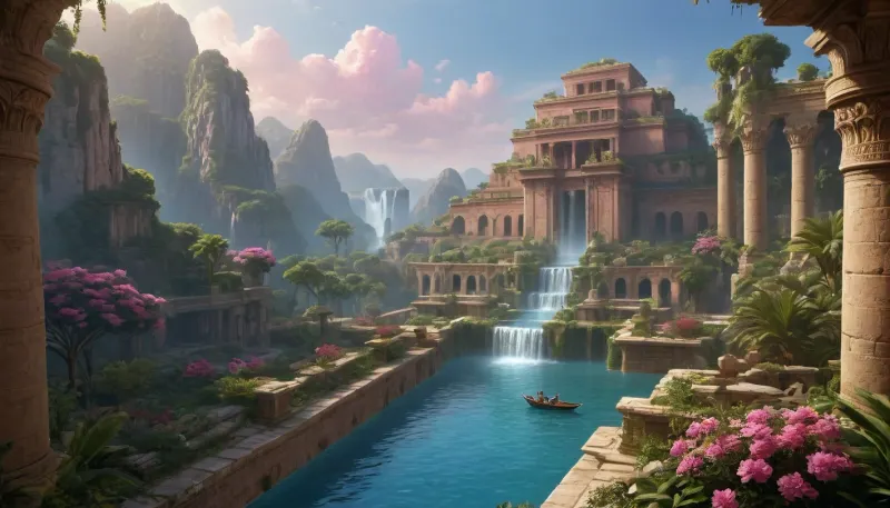 (Hanging Gardens of Semiramis:1.3), (ancient ziggurat:1.2), (fantasy structure:1.1), (multi-level terraces:1.15), (lush vegetation:1), 05, (waterfalls flowing between levels:1.2), (palm trees:1), (flowering gardens:1), (inlaid blue tiles:1.1), (bas-reliefs with mythical creatures:1.1), (gold inlays:1), (detailed architecture:1.05), (river with boats:1.1), (ancient city in the background:.9), (bright lighting:1.1), (sunlight:1), (blue sky with pink clouds:1), (epic view:1.1), (fantasy art:1.2), (digital painting:1.1), (high detail:1.1), (breathtaking landscape:1), (masterpiece:1.1), (8k:1)