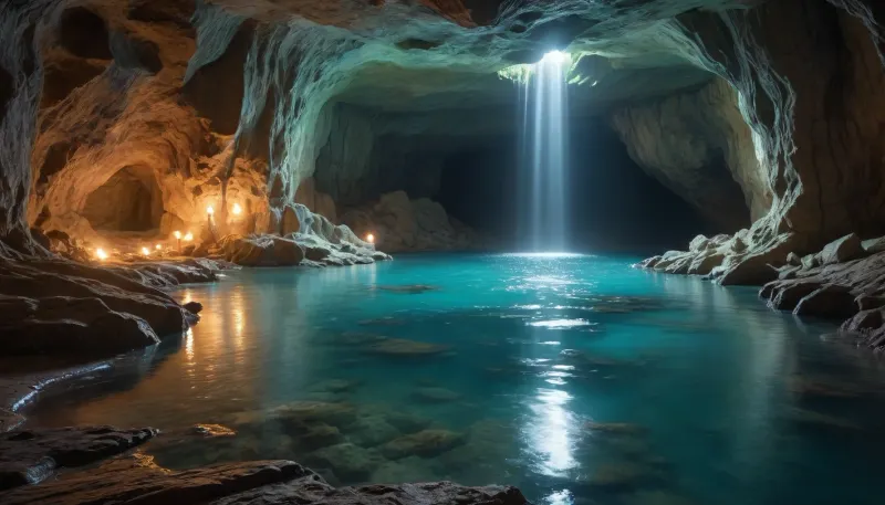 Gorgeous cave. Giant and intricate details. Glistening glowing pools of magical water. Bioluminescent crystals clinging to the cave walls. Garmash. Wlop. Guweiz. Oil paint strokes. Surreal. Outlines. Vivid and surreal crystals and magical water.