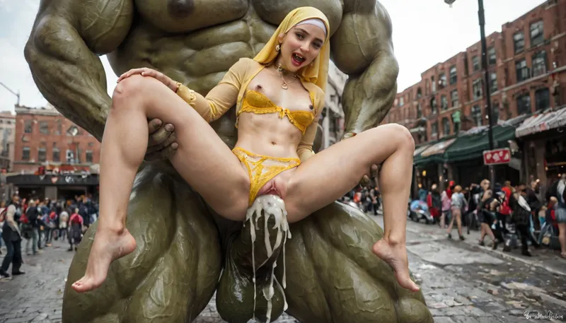 Yellow pattern Hijab flowers girl that shows earrings and shows neck, (masterpiece), (ultra high definition), Slim hourglass body was fucked by huge super intense on steroids with a super huge gigantic dick in a destroyed New York city background, lingerie, super vaginal cum explosion, vaginal cum dripping, (enormous gigantic hulk cock fucking pussy and anal), very detailed teeth, hyper cum, detailed hands, pussy fuck, vaginal sex, piercing nipples, small gold neck collar, petite, slim body, slide panties, unbuttoned gown, yellow lingerie, red lips, insert big dick in vaginal, orgy, small breasts, stocking, chinease girl, big piercing nipples
