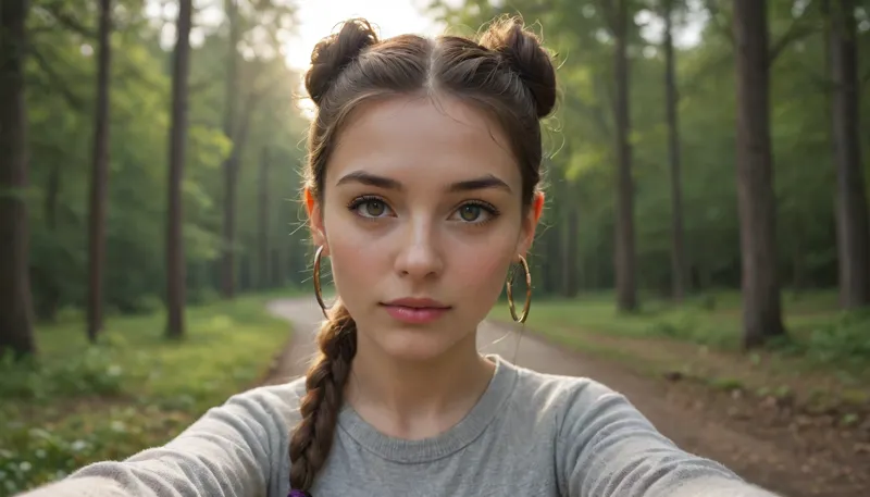 (blurred tree in the front of the camera:1.1), woman, (grey sweater:1.15), bottomless, black boots, hazel eyes, brunette braided hair, two hair buns, rounded breast, rounded ass, trimmed pubic hair, break, shiny skin, perky nipples, sultry, selfie, hoop earrings, (behind a tree:1.3), forest, (sunlight filtering through forest roof:1.2), (sunset), (beautiful forest landscape), northern rainforests, cinematic composition, shallow depth of field, creamy background blur, soft bokeh, subject in sharp focus, low light photography, cinematic look, blurred background, portrait lens effect, soft and dreamy atmosphere, foreground and background separation, wide aperture lens effect, front view