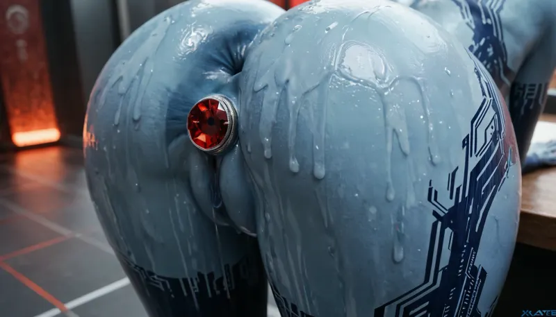 Close up of sensual stunning ass Cortana from Halo blue skin, oiled, big ass View from waist down, bent forward, big ass up, Butt Plug with red diamond, Sensual, erotic, wet orgasm pussy, open pussy, extreme pussy cameltoe, Point of View