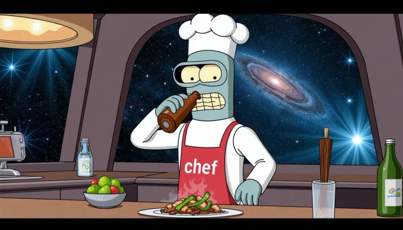 Bender from futurama, wearing a chef's hat and an apron that says "chef", cooking slope from alien slime worms. Drinking beer from bottle, Luxury spaceship restaurant kitchen, galaxy on background