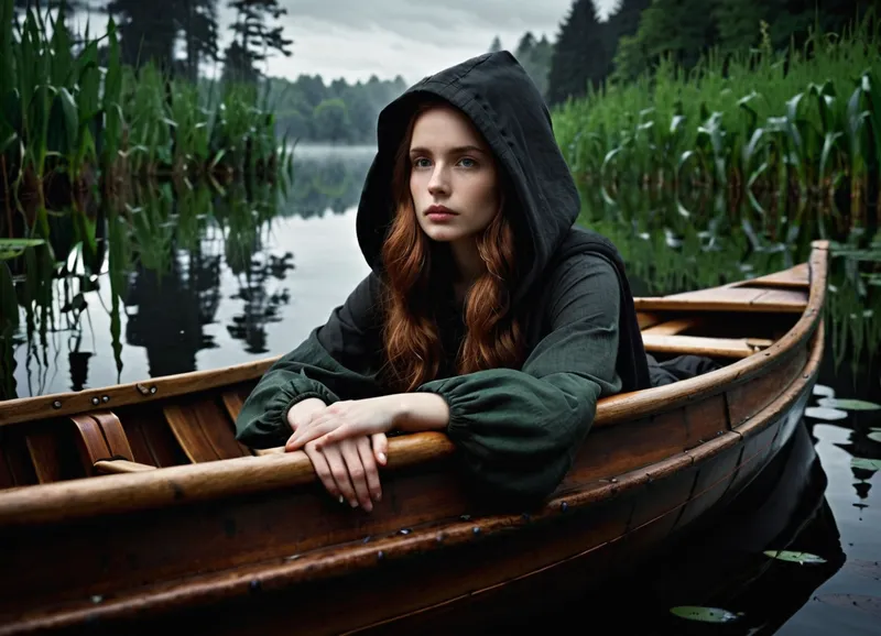 masterpiece, detailed, high resolution, 8K, extremely detailed, (photorealistic:1.2), an expressive young woman with long wavy auburn hair, (lying down, melancholic expression, chin resting on hands:1.1), in the bow of a wooden rowboat, (mysterious hooded figure, Grim Reaper-like, obscured face:1.2), rowing from the stern, (dark swamp, murky water, overgrown reeds and vegetation:1.1), (eerie fog, subtle mist:1.1), dim moonlight, dramatic lighting, low key lighting, soft glow on the woman, dark shadows, (muted desaturated color palette:1.1), greens and greys, fantastical, illustration, cinematic, atmospheric, (detailed textures:1.1), depth of field, art by Greg Rutkowski and Zdzislaw Beksinski