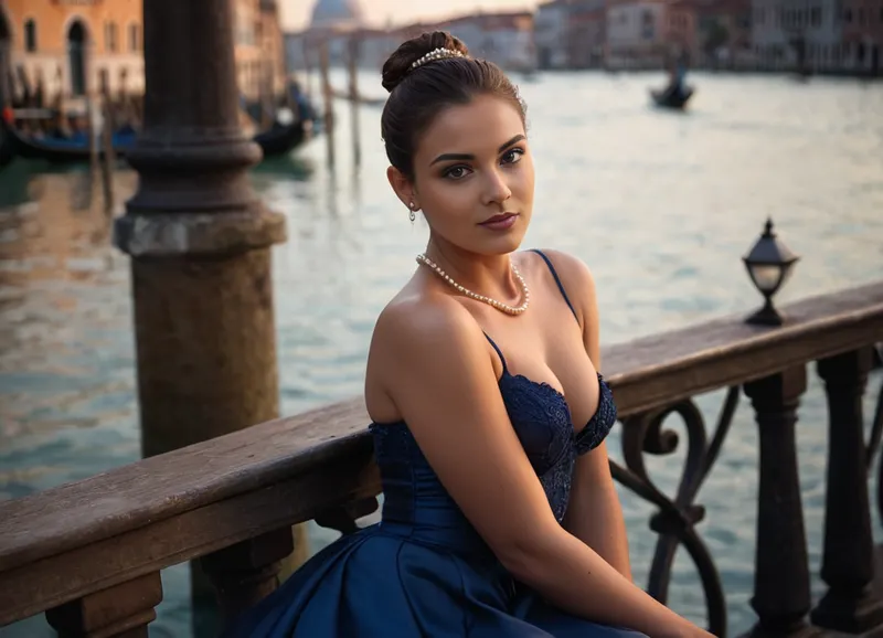 (UHD, 8K), (high quality photographie), (detailed eyes), (detailed skin), (ultra sharp), one only beautiful 30yo woman, (very small natural breast), (late evening time:1), long dark hair, hairbun, in a seductive blue evening gown with stockings, pearl necklace, sitting on a bench in a beautiful roof garden in Venice, (The Grand Canal can be seen in the background), no makeup, seductive smile, full body view, sunlight_str1, seductive look, <lora:sunlight_str1-SDXL_v1-dim64-steps1691:.3>, <lora:SDXLHighDetail_v6-000005:.5>, <lora:dark:.2>, <lora:EnvySharpDigitalPaintingXL01:.2>
