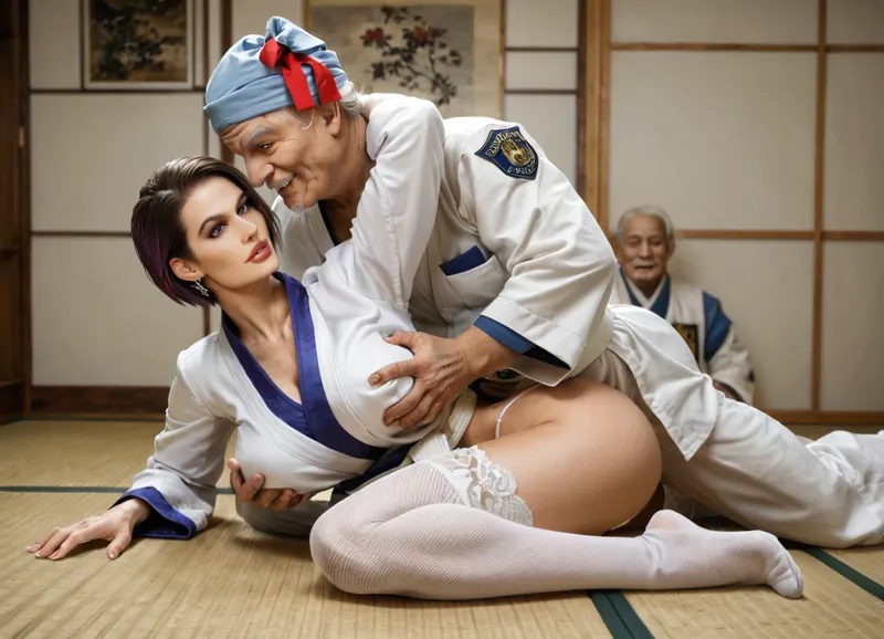 ((Old man grabs her breasts from behind)), old man, (white judo uniform), Fully clothed, (Judo matches with old man), on the tatami mat, (Normal natural breasts), (beautiful boobs), (white garter stockings), (bottomless only white lace thong), (isabella valentine), (tomboy), (jill valentine), large breasts, (Hands above head)