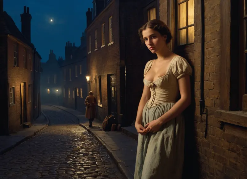 (historical oil painting about 1860), young, (big eyen, small mouth), woman in historical dirty streets of london, ragged and dirty clothes, She's a hooker, leaning on the wall of a guesthouse in London in the night, one breast exposed, men's walking by, woman look sad, view from distance, (oil painting in Aivazovsky style, night, nighttime, low lighting, highly detailed figure, at night, darkness)