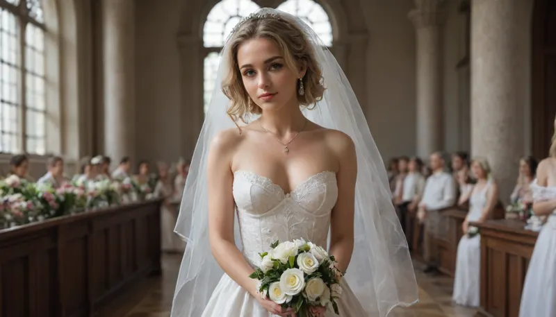 Hot bride on the altar holding a bunch of flowers, medium tits, blonde hair. She is wearing a weding dress whit short skirt and white stokings.