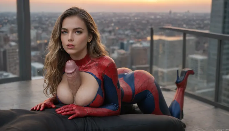 sexy girl in spiderman suit, in new york city, massive boobs, deep cleavage, cloudy, dusk, long blond flowing hair, supermodel, face, <lora:Beautify-Supermodel-SDXL:.8>, high heel boots, kneeling, looking up, huge penis, dick between her boobs, boobjob, cum on chest