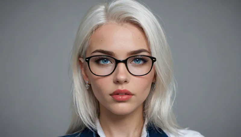 ashe from overwatch, solo, mature look, full lips, thick lips.

A figure-hugging corset bodysuit in classic white with delicate lace appliqués featuring traditional embroidery. The neckline is deep and sweetheart, with sheer mesh inserts on the sides that subtly reveal skin.

A short, layered tulle skirt with a holographic shimmer – cheekily high in the front, with a dramatic cape-like veil in the back.

A white choker with a Triforce pendant.

Fingerless gloves with embroidery.

A tiara.

Glasses with transparent frames.

White knee-high boots.

Two playful braids.

Makeup with shimmering pastel blue eyeshadow, eyeliner with a lightning bolt wing, and holographic lip gloss.
View from waist down, Sensual, erotic, exaggeratedly swollen pussy, extreme pussy cameltoe, Close up of upper body