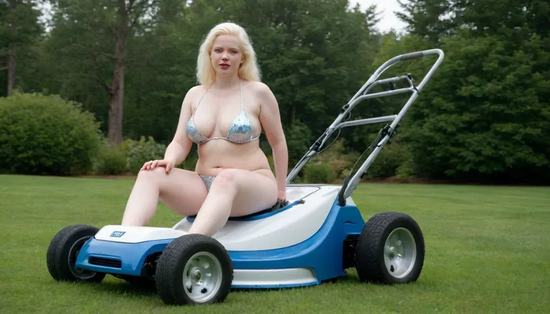 A captivating absolutely albino just 18-year-old 3-feet-height chubby woman, slightly smiling, in a transparent silverish white bikini, only "Heart of the Ocean" blue diamond lavalier on her neck, barefoot, mowing a lawn with a motor mower