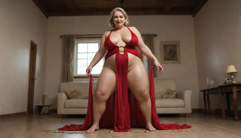 A camera show from low angle dancing Beautiful granny woman with glasses and wrinkles around mouth and nose. Dark make up face. A photo captures a FAT and obese GRANNY 61-year-old COMPLETE NUDE European belly dancer woman with LONG STRAIGHT GREY hair and WEAK wrinkled face AND HIGH CHEEKBONES, dancing belly dances in an old Arab town. Very old man look at woman. The scene is rendered in a realistic, 8K style, reminiscent of the vivid, a focus on true colors and lifelike textures. The woman, dressed in a very transparent RED veil that struggles to contain her FAT body, and no panties, without panties, no bra, showcases her full, obese figure, with LONG, bare, plump thighs visible. LONG LEGS. SHAGGY TITS AND SHAGGY BELLY. GOLD COIN WAIST CORD. Her face, marked with wrinkles, exudes a sense of confidence and passion. The composition highlights her full body, with the camera angle emphasizing her powerful presence, while fine details like the beads and coins on her costume and the ornate decorations of the Arab house add depth and authenticity., diaphanous, dress, <lora:xl_diaphanous_dress-1.0:1.5>, sagging, breasts, <lora:sagging-000015:1.5>