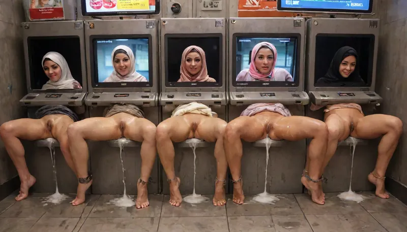 (cum dripping from pussy), realistic cum, transparent liquid, (beautiful hijab woman on screen:1.2), extreme amounts of cum flowing from pussy, gaping pussy, (creampie:1.2), (wet skin:1.2), (oily skin:1.2), squirting, highly detailed faces of Muslim women wearing hijab depicted on screens