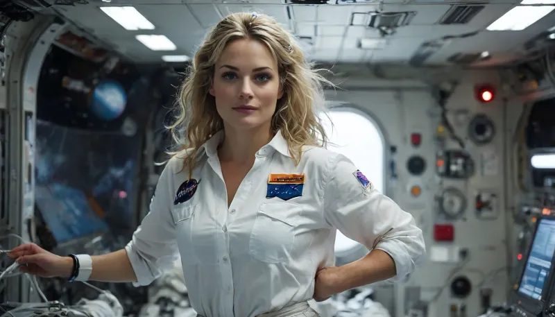 full body view of Diana in weightlessness, Diana is a female skinny 29 years old Astronaut works on ISS space station, Diana's body has a perfect anatomy and correct proportions, perfect hands, Diana has a perfect face, silent smile, good mood, a slender and athletic body, (Diana's long blonde hair floats in weightlessness:1.3), Blue eyes, (flat-chested:1.4), (Diana wears a wide white shirt with astronaut badge, belly-free and a white string thong:1.4), (Dianas stretched body floats weightlessly horizontal in supine position one meter above the ground:1.5), (((levitation:1.5))), (((Diana working on the ceiling of the control room:1.3))), ((floating in zero gravity:1.4)), (((weightlessness:1.4))), highly detailed futuristic huge control room on spaceship, control desk, buttons, Lever, air lock LED lamps, low light, different screens, futuristic technic, (supernova in space outside rounded window:1.3), cinematic, photorealistic, (masterpiece, detailed), Professional photo, hyper-realistic, ultra-high quality, insanely detailed. high resolution, masterpiece, best quality, UHD 8K, extreme realism, maximum detail, hyper realistic, ultra realistic, FRESHIDEAS, Real, Photography, 2#, Black, and, white, art, black, shading, charcoal, toned, b/w, color, scheme, <lora:levitate-PNY-SDXL-SD15-Panache:.8>, <lora:MJ52:.8>, <lora:FRESHIDEAS Real Photography 2#:.6>, <lora:Black and white art.V1:.2>