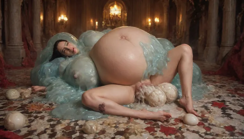Satanic masterpiece, 1 couple, best quality, highly detailed, score_9, score_8_up, score_7_up, (pregnant, huge belly), (outie belly button), barefoot, (laying huge cum eggs with huge slime cum monster, anal oviposition:1.3), (nude extreme beautiful French stunning pornstar, main character:1.2), 20yo, (evil horny look, moaning aroused), long straight black hair, (shiny pale wet skin:1.2), (pierced body:1.5), (tattooed body, arms, legs, belly:1.5), (huge tits), (large dark areolas, long dark erect nipples:1.3), (the most perfect beautiful face:1.3), (horny face), pleasurable orgasm, (laying on her back), late night, (inside, Satanic temple, natural colors, natural moonlight), she is with the demon that impregnated her, ZipRealism, full body view, ultra detailed, intrincate details, (photorealistic:1.5), 8k, UHD, full bodies view, all bodies visible, full bodies in frame, (distant viewpoint:1.1), real image, (hyper realistic:1.5), puffy, nipples, dark, wide, <lora:Nipples XL:1.4>