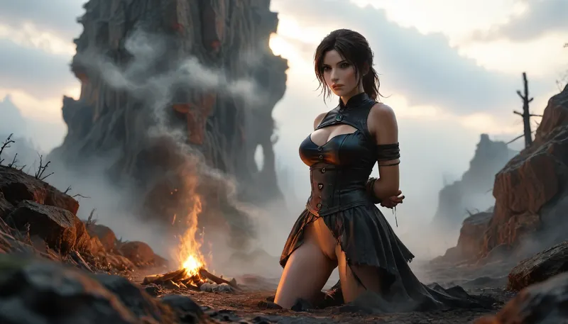 Tomb Raider laying behind a large campfire in front of the cave dwelling, slightly opened legs, random facial emotions, (highly detailed clothes:1.6), leather miniskirt, big brown eyes, (big natural breasts:1.2), arms behind back, rope tied arms, cleavage, upskirt, (shaved pussy:1.2), (very sweaty), dynamic pose, cloudy, smoke, atmospheric, clouds, fog, Black, and, white, art, black, shading, charcoal, darkness, toned, brutal, dark, b/w, color, scheme, <lora:add-detail-xl:2>, <lora:MJ52:1.9>, <lora:Cloudy_Style:2>, <lora:Hell_Constantine_2005_-_Anime:.3>, <lora:Black and white art.V1:2>, side view, front view
