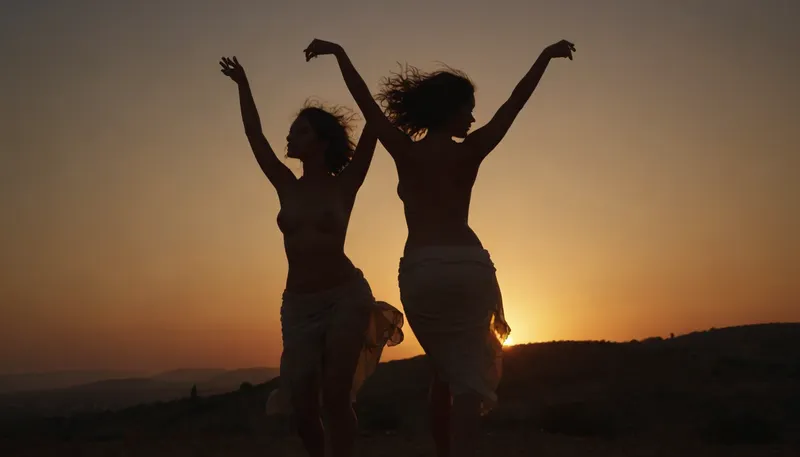 scene some young women in ancient rome, outdoors on a lonely hill, sunset, very dimmed light, (very sexy women dancing arms up before the sunset, big breast, nude), the wind blows through their hair, full body view, only outlines visible