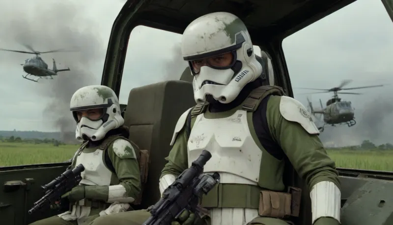 2 girls flying on a board helicopter, Stormtrooper from Star Wars in Stormtrooper face mask and detailed green and dirt combat armor, Holding a heavy blaster, sitting in the cargo hold of a Huey helicopter with the door open, Vietnam War, Vietnam landscape in the background, explosions, combat, green camouflage in the style of Vietnam, green armor camouflage in the style of Vietnam, the phrase "born to kill" on the helmet