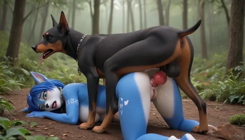 furry Krystal Star, curvy body, thin waist, perky tits, scared facial expression, toned butt, (feral Doberman with knotted caninecock fucking Krystal in the ass anal sex), anal creampie, bent over position, jungle setting, cartoon animation styling, AissistXLv2, <lora:merratatustle_illustrious_v1_vpred:.8>