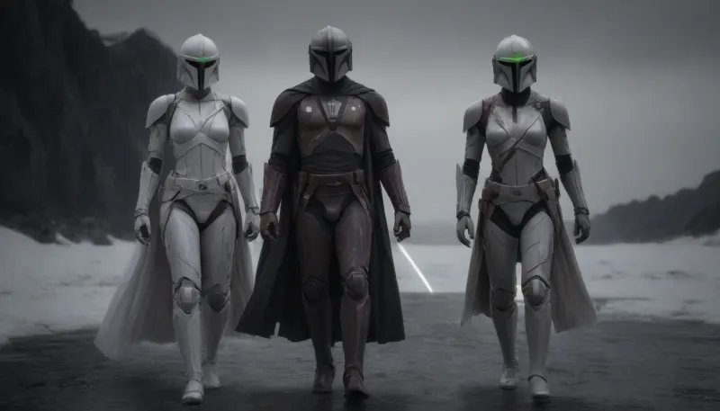 photorealistic, sci fi, star wars, (planet Hoth:1.8), (black snow-capped mountains in Hoth), (walking towards a ruined ship), fullbody, in side, 3 french woman, 3 men, (white luminous eyes:1.8), runing, extreme length braided white hair, (droid skin:2.1), armour, android, ((Dark Mandalorian:1.8)), (ciber templar:1.3), artiangel, (wearing a thick coat with white animal fur:1.8), white long lightsaber in right hand, (straight lightsaber:1.8), very, long, hair, hanging, dynamic, on, ground, bun, cover, General, Obi-Wan, Kenobi, cyber, templar, (side view), <lora:554328_training_data:.5>, <lora:verylonghairv2:.5>, <lora:565986_training_data:1.6>, <lora:CyberTemplarXL:1.2>