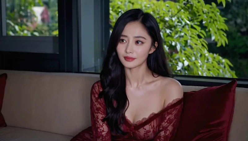 a 40 years old asian lady wearing a dark red lace nighties, look at viewer，happiness, oral face, rough skin，BobHaircut, black hair, on patio, Sit sideways, blush face，bend on sofa, by the window，big areola, solo, raw, lighting, overexposed, harsh, flash, <lora:Rawfully Stylish v0.2_epoch_20:.5>, yangmi, liushishi, liuhaocun, jingtian, zhangtianai, chengduling, zhangjianing, gulinazha, nini, zhangruonan, jujingyi, bailu, tzuyu, <lora:actress_ej_JuggXL_3:.8>