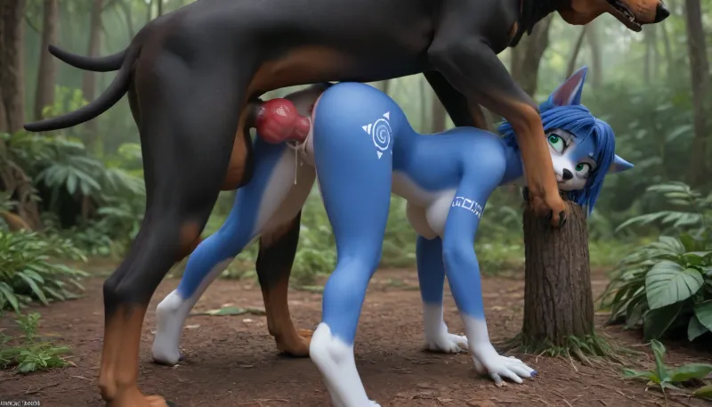 furry Krystal Star, cry, curvy body, thin waist, perky tits, scared facial expression, toned butt, (feral Doberman with knotted caninecock fucking Krystal in the pussy sex), pussy creampie, very much cum in pussy, bent over position, jungle setting, cartoon animation styling, AissistXLv2, <lora:merratatustle_illustrious_v1_vpred:.8>