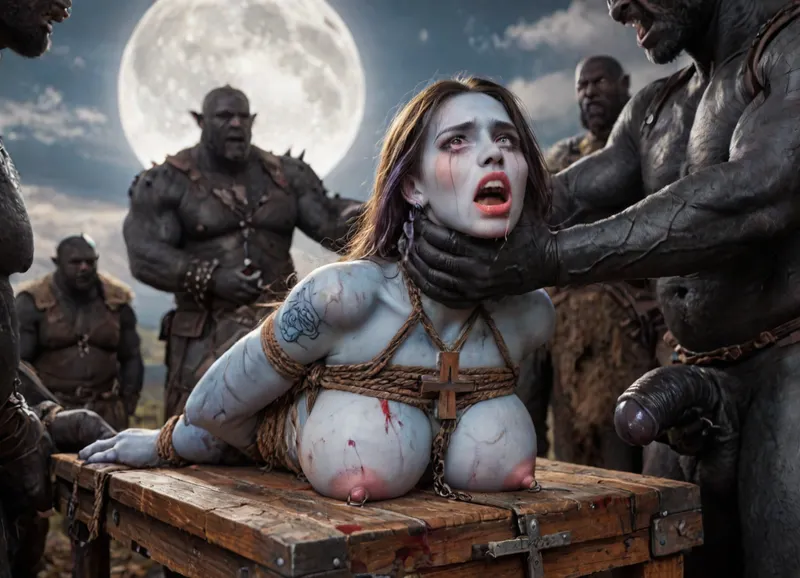 female drow elf barbarian, (blue skin:1.82), tall, angry, busty, curvy, thin waist, big boobs, big butt, slim, fit, vitiligo, strong, fur pelt armor, dungeons and dragons, purplish blue skin, black and purple hair, Dark, Elf, Warrior, Drow, tattooed, scarred, purple eyes, blue skin, amazon, giant, fur barbarian armor, bloody, blood spatter, bear, bear heart, (in a bloody filed after a battle, white full moon in the sky:1.4), (man is choking her from behind:1.4), ((hogtied, bound with large chains, crucified to a torture table, spikes through hands:1.3)), (torture:1.32), (large sharp sword in anus:1.12), cock in mouth, (brutal face fuck), Blowjob, (tears in eyes:1.5), (running makeup), (cum drips from nose:1.3), (cum drips from mouth:1.3), ultra hd, photorealistic, hyper gigantic large black cock in mouth, (((hyper gigantic large black cock in mouth:1.3))), oral cream pie, hair grab, sad crying, tongue out, gasping for air, zavy-brbrn, gangbang, double anal penetration, anal spitroast, groupsex, deepthroat, (4 gigantic African black brute thug, huge trunklike arms, huge head, hyper muscular body, dressed in slave clothes:1.32), ((hogtied, bound for sex, tied up)), (((hyper gigantic large white cock in mouth:1.3))), (pulled nipples:1.2), nipple clamps, (((spitroast))), (((hyper large cock in mouth:1.3))), screaming, shocked, deep anal penetration, Uber realistic, 8k, ultra detailed, masterpiece, arched back, detailxl, 35mm photograph, film, professional, 4k, 1girl, 5 boys, hdr, photographic, ultra realistic, ultra high details, back light, (front view), (dynamic pose), best quality, incredibly lean body, anal sex, with large muscular black men, gargantuan black cocks, large hyper muscular fat old men, (double anal sex), swollen white veiny cocks, (double anal penetration), hardcore double penetration, proper physics, big white cocks, muscular white double anal gangbang, (forceful penetrations), extremely graphic, shocked expression, beautiful hands, defeating a woman in combat, fighting, killing, blood, winning fight, magazine cover, Realism_Quality_2xx_By_Stable_Yogi, score_9, score_8_up, score_7_up, (((very pretty face:1.3))), (((extremely ultra detailed face:1.3))), perfect fingers and hands, upper body view, (extreme size difference:1.6), (ultra realistic), (maximum quality), (high resolution), (extreme detail), (ultra realism), UHD, super high quality, highly detailed, high resolution, perfect lighting, natural lighting, (dynamic angle), (random angle), (random pose), (dynamic view), (random view), golden hour, rich details, nature-inspired color palette, <lora:Dark_Elf_Warrior:2>, <lora:Drow:2>, <lora:339100_training_data:2>, <lora:zavy-brbrn-sdxl:2>, <lora:LCMTurboMix_Euler_A_fix:2>