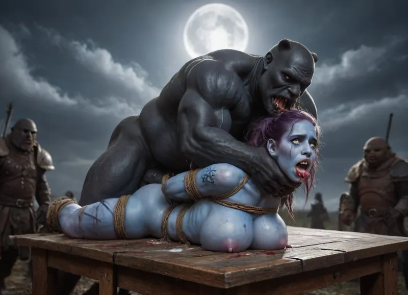 female drow elf barbarian, (dark night blue skin:1.82), tall, angry, busty, curvy, thin waist, big boobs, big butt, slim, athletic, fit, vitiligo, strong, fur pelt armor, dungeons and dragons, purplish blue skin, black and purple hair, Dark, Elf, Warrior, Drow, tattooed, scarred, purple eyes, uberfit, muscular, blue skin, amazon, giant, fur barbarian armor, bloody, blood spatter, bear, bear heart, (in a bloody filed after a battle, white full moon in the sky:1.4), (man is choking her from behind:1.4), ((hogtied, bound with large chains, tied to a torture table:1.3)), cock in mouth, (brutal face fuck), Blowjob, (tears in eyes:1.5), (running makeup), (cum drips from nose:1.3), (cum drips from mouth:1.3), ultra hd, photorealistic, hyper gigantic large black cock in mouth, (((hyper gigantic large black cock in mouth:1.3))), oral cream pie, hair grab, sad, sad crying, tongue out, gasping for air, zavy-brbrn, gangbang, double anal penetration, anal spitroast, groupsex, deepthroat, (4 gigantic African black brute thug, huge trunklike arms, huge head, hyper muscular body, dressed in slave clothes:1.2), ((hogtied, bound for sex, tied up)), (eyes wide open in horror:1.72), (wide mouth spreader:1.8), (pleading expression:1.56), (terrified:1.48), (crying:1.48), (fear and panic:1.56), (pulled nipples:1.2), nipple clamps, (((spitroast))), (((hyper large cock in mouth:1.3))), shocked, deep anal penetration, Uber realistic, 8k, ultra detailed, masterpiece, arched back, detailxl, 35mm photograph, film, professional, 4k, 1girl, 5 boys, hdr, photographic, ultra realistic, ultra high details, back light, best quality, with large muscular black men, gargantuan black cocks, anal sex expansion, large hyper muscular fat old men, (double anal sex), swollen white veiny cocks, (double anal penetration), hardcore double penetration, proper physics, big white cocks, muscular white double anal gangbang, (forceful penetrations), extremely graphic, shocked expression, beautiful hands, massive cum in ass, defeating a woman in combat, fighting, killing, blood, winning fight, magazine cover, Realism_Quality_2xx_By_Stable_Yogi, score_9, score_8_up, score_7_up, (((very pretty face:1.3))), (((extremely ultra detailed face:1.3))), perfect fingers and hands, upper body view, (extreme size difference:1.6), (ultra realistic), (maximum quality), (high resolution), (extreme detail), (ultra realism), UHD, super high quality, highly detailed, high resolution, perfect lighting, natural lighting, (dynamic pose), (dynamic angle), (random angle), (random pose), (dynamic view), (random view), volumetric lighting, golden hour lighting, dramatic shadows, rich details, nature-inspired color palette, <lora:Dark_Elf_Warrior:2>, <lora:Drow:2>, <lora:339100_training_data:2>, <lora:uberfit_lora_sdxl:2>, <lora:zavy-brbrn-sdxl:2>