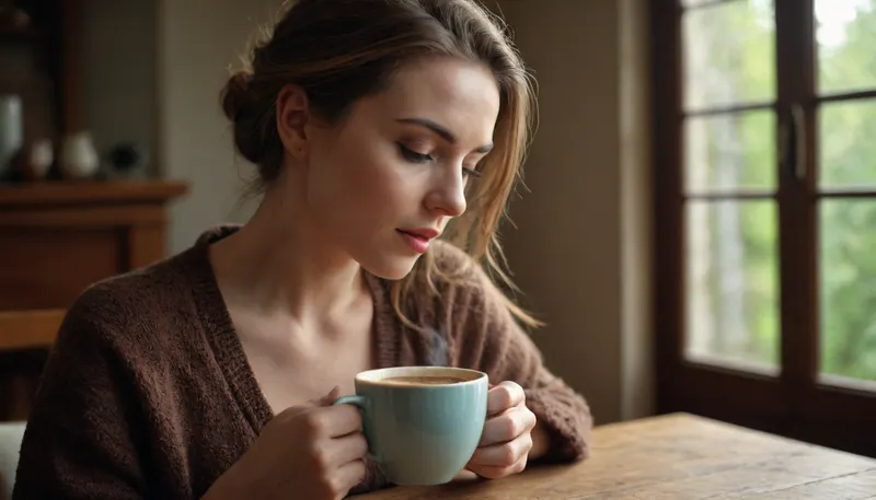 A very special scene, the beauty of a woman on her face while she feels the aroma of a freshly served coffee, a sensation of pleasure and spring beauty in her surroundings.