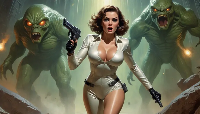 Richard Hescox style, full portrait view of a tempting and beautiful futuristic space maiden with huge breasts wearing a shiny suit and holding a rifle pistol with a horrified and shocked look on her face, she is running away from a giant glowing creature with a bulbous fluid eye, against the background of a dark and dank alien dungeon, by Adam Hughes, by Bill Ward, wide angle, super high angle, top view, bird's eye view, backglow, dynamic lighting, wet, greasy, green backlit, <lora:Richard Hescox Style:1>