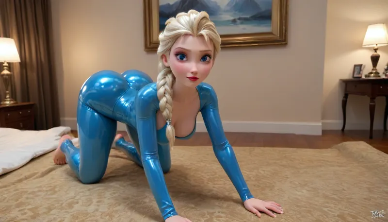 (((elsa from frozen))), blonde hair, blue eyes, (((on all fours with legs spread, looks back))), sexy long big feet, sexy feet, hyper detailed face, blue latex suit, too tight in boobs, (big bubble butt), huge bulging ass, big ass, backlit, horny, blushing, innocent, cutie, full lips, wide hips, female looking up, narrowwaist, dynamic pose, modeling, octane render, uhd, intricate clothes, big cleavage, massive rounded natural tits, massive erected nipples, best detailed hair, best detailed face, perfect face, best detailed eyes, perfect eyes, huge eyes, busty, curvaceous, curvy female, voluptuous, excellent lighting, dynamic poses, hdr, gorgeous woman, looking at viewer, luxurious bedroom, dynamic, thick hips, sharp focus, thick thighs, curvy figure