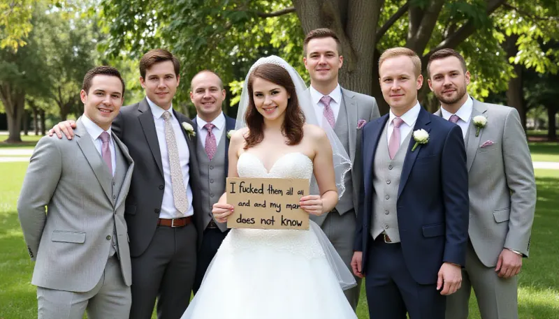 A young busty bride, breast cup size ddd, poses with six male wedding guests and family of different ages, different faces, different suit colors. Location outside park, The bride holds a handmade sign with text "I fucked them all and my man does not know".