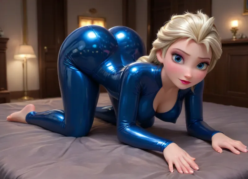NSFW, (((((elsa from frozen))))), blonde hair, blue eyes, (((((on all fours doggy style rear view big hips))))), ((sexy long big feet)), (((sexy feet))), (((big two bare shiny feet))), ((detailed feet, detailed toes)), hyper detailed face, ((((((Shiny blue latex suit)))))), too tight in boobs, (big bubble butt), (huge bulging ass), (big ass), backlit, horny, blushing, innocent, cutie, full lips, wide hips, female looking up, narrowwaist, modeling, octane render, uhd, intricate clothes, big cleavage, massive rounded natural tits, massive erected nipples, best detailed hair, best detailed face, perfect face, best detailed eyes, perfect eyes, huge eyes, busty, curvaceous, curvy female, voluptuous, excellent lighting, ((hdr)), gorgeous woman, looking at viewer, luxurious bedroom, dynamic, thick hips, sharp focus, thick thighs, curvy figure, <lora:princess_xl_v2:.5>, <lora:add-detail-xl:2>, <lora:DetailedEyes_V3:2>
