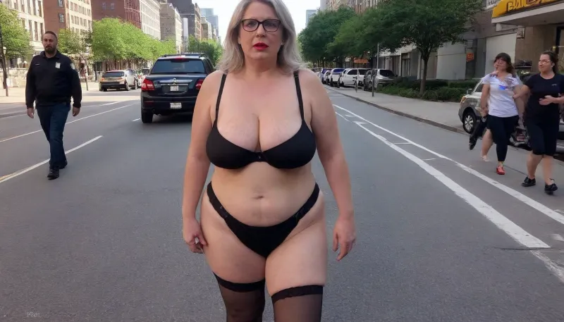 UHD 8K, extreme realism, maximum detail. Men in police uniforms look at a, (obese:1.2), fully naked, 70-year-old slut woman, whore woman, straight gray hair, dark makeup, dark lipstick, wrinkles, glasses. She walking on a sity street. She is wearing, (long black stockings:1), and red high heels. No other clothes. No panties, no bikini, no thong, no bra. Men in police uniforms look at her. RealTanFFStocking, Torptits, Huge, Nipples, Body, Harness, Satin, Lingerie, sagging, breasts, <lora:stretch_marks:.8>, <lora:sagging-000015:.5>, New, York, City, Empire, State, Building, Central, Park, <lora:Newyorkcity-(best-version):1.5>
