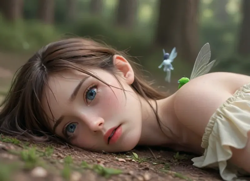 Scene takes place in an enchanted forest, ((slender)), Girl lays on the ground, dazed, confused, (3, evil, tiny fairies, tear the girls clothes off)