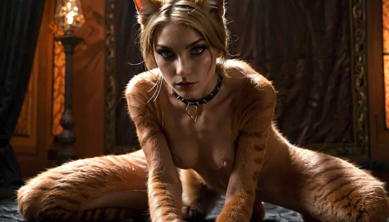 masterpiece, fit vascular, skinny, evil girl, black room, studio lighting, collar, (wearing torn very tightly fitted clothes), (intense possessed eyes), eyeliner, veiny legs, (intense veins all over her body), (black detailed vein texture), (transforming into a anorexic fox-girl:1), fur, (infected bulging black veins), (catgirl, furry, petgirl, transformation, cat whiskers, feline tail, feline legs:1.2), (intense detailed pussy texture:1.1), (sharp claws on her hands:1.03), MFBP1, all, fours, arching4s, FluffyStyle, wanapi, <lora:wanapi:.9>