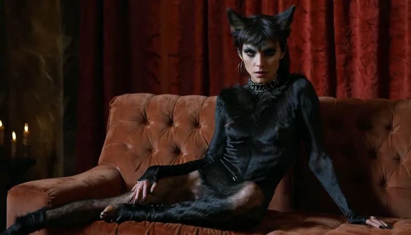 masterpiece, fit vascular, skinny, evil girl, couch, studio lighting, collar, (wearing torn very tightly fitted clothes), (intense possessed eyes), eyeliner, veiny legs, (intense veins all over her body), (black detailed vein texture), (transforming into a anorexic furry wolf:1.03), (infected bulging black veins), (intense detailed pussy texture:1.1), (sharp claws on her hands:1.03), pointed ears, (), wanapi, fur, all, fours, <lora:wanapi:1.4>