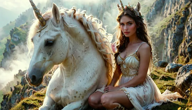 ((Knee high photo)), {a girl with multiple small unicorn ponies with her}, athletic body, muscular, (in shephard dress), (sitting on a foggy hill), ((with a horse with horn on its head)), ((the horn is luminescent:1.3)), with, smirk, up hair style, detailed face, stacked busty, depth of field, massive lips, dark hair, realistic, pale skin, detailed eyes, (identical eyes), detailed skin, slight smile, center opening, official art, extremely detailed CG unity 8k wallpaper, perfect lighting, Colorful, Bright_Front_face_Lighting, shiny skin, (masterpiece:1), (best_quality:1), ultra high res, 4K, ultra-detailed, photography, 8K, HDR, highres, (absurdres:1.2), Kodak portra 400, film grain, blurry background, lens flare, (vibrant_color:1.2), professional photograph, (beautiful_face:1.5), cinematic, great shading, moody lighting, cloudy weather, (by Hope Gangloff:1), perfecteyes, <lora:lora-sdxl-perfect-eyes:.5>, <lora:add-detail-xl:1>, <lora:TQ_-_Beauty_and_Unicorn_XL-000006:.8>, <lora:Vivid Midjourney mimic - XL SDXL v2.0:.8>
